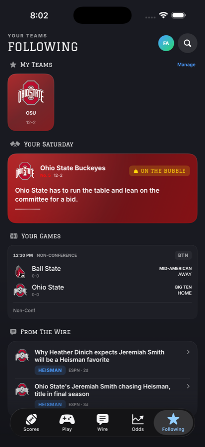Following tab with teams, games, and stories.